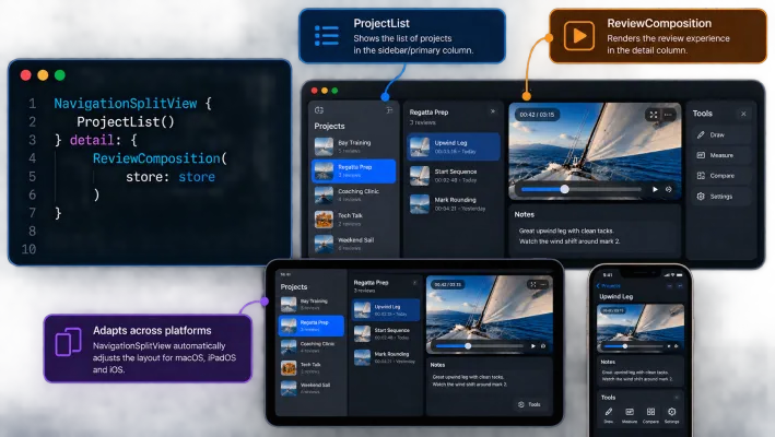 Navigation and composition solve different problems. NavigationSplitView determines where the user is in the application, while ReviewComposition decides how the feature’s related content should occupy the available space.