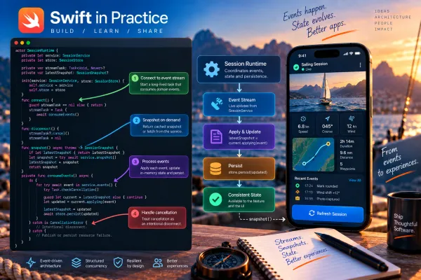 The runtime owns the continuity of the session, not the screen. SessionRuntime consumes the event stream, evolves and persists state, serves consistent snapshots, and treats cancellation as an intentional lifecycle decision—keeping resource ownership